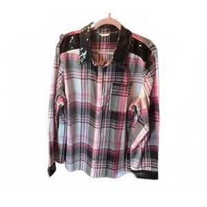 2X Sequin Plaid Shirt & Earrings